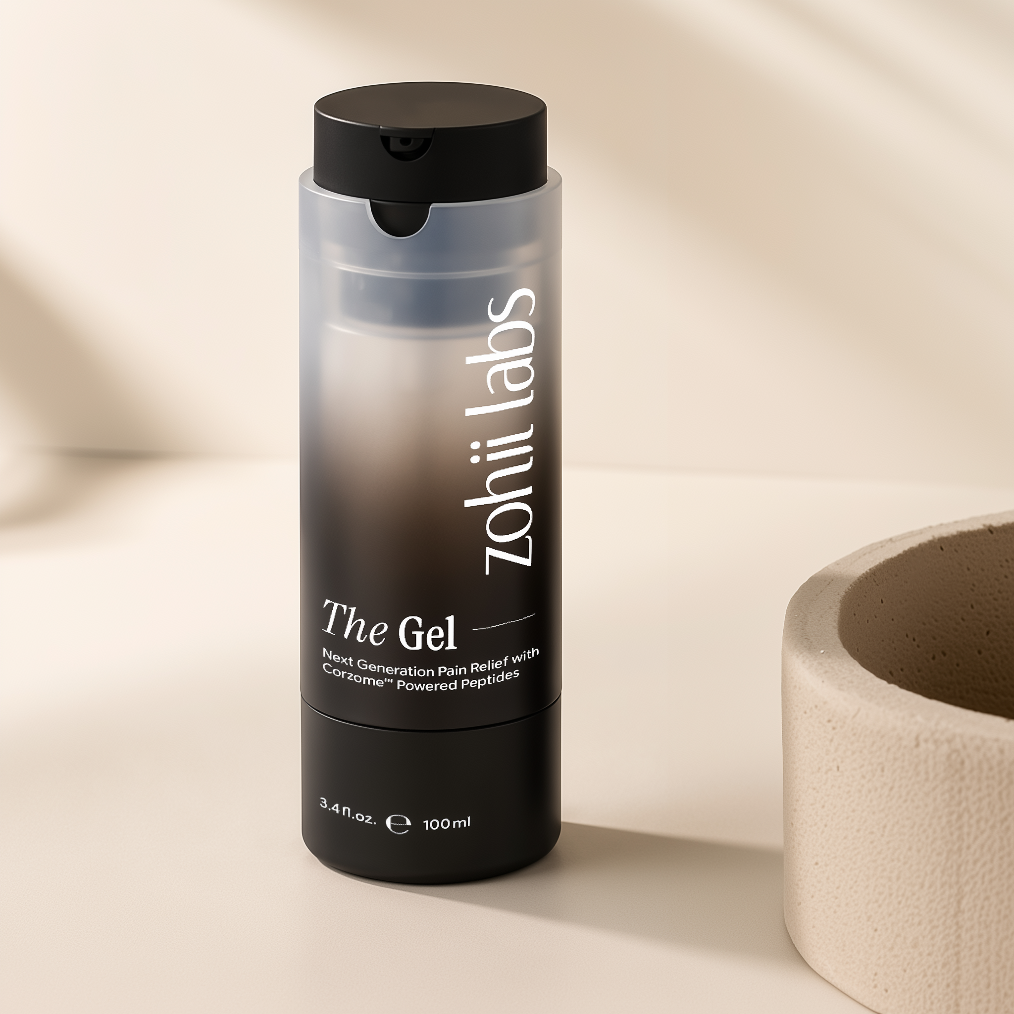 The Gel — Zohii Labs airless pump bottle in black with the zohii labs wordmark